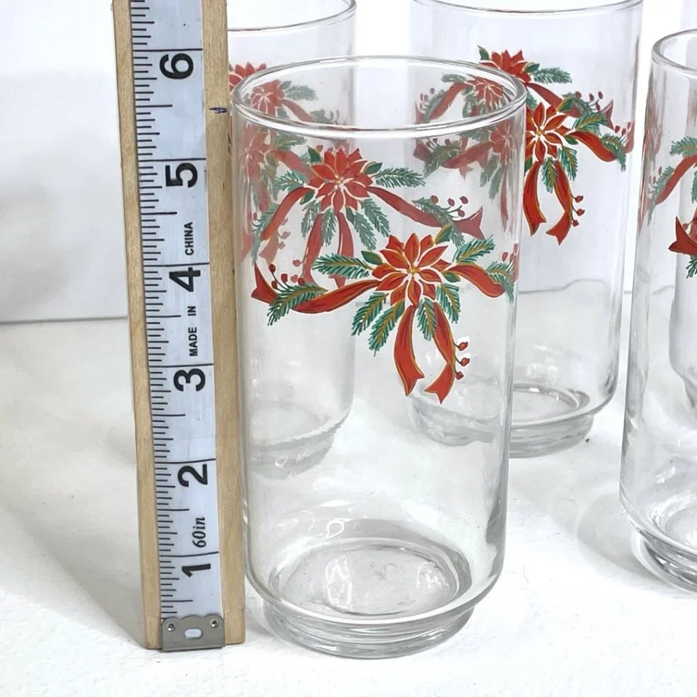 Vintage Set of 5‎ Libbey Poinsettia & Ribbon 16 oz Cooler Glasses Glass Tumblers